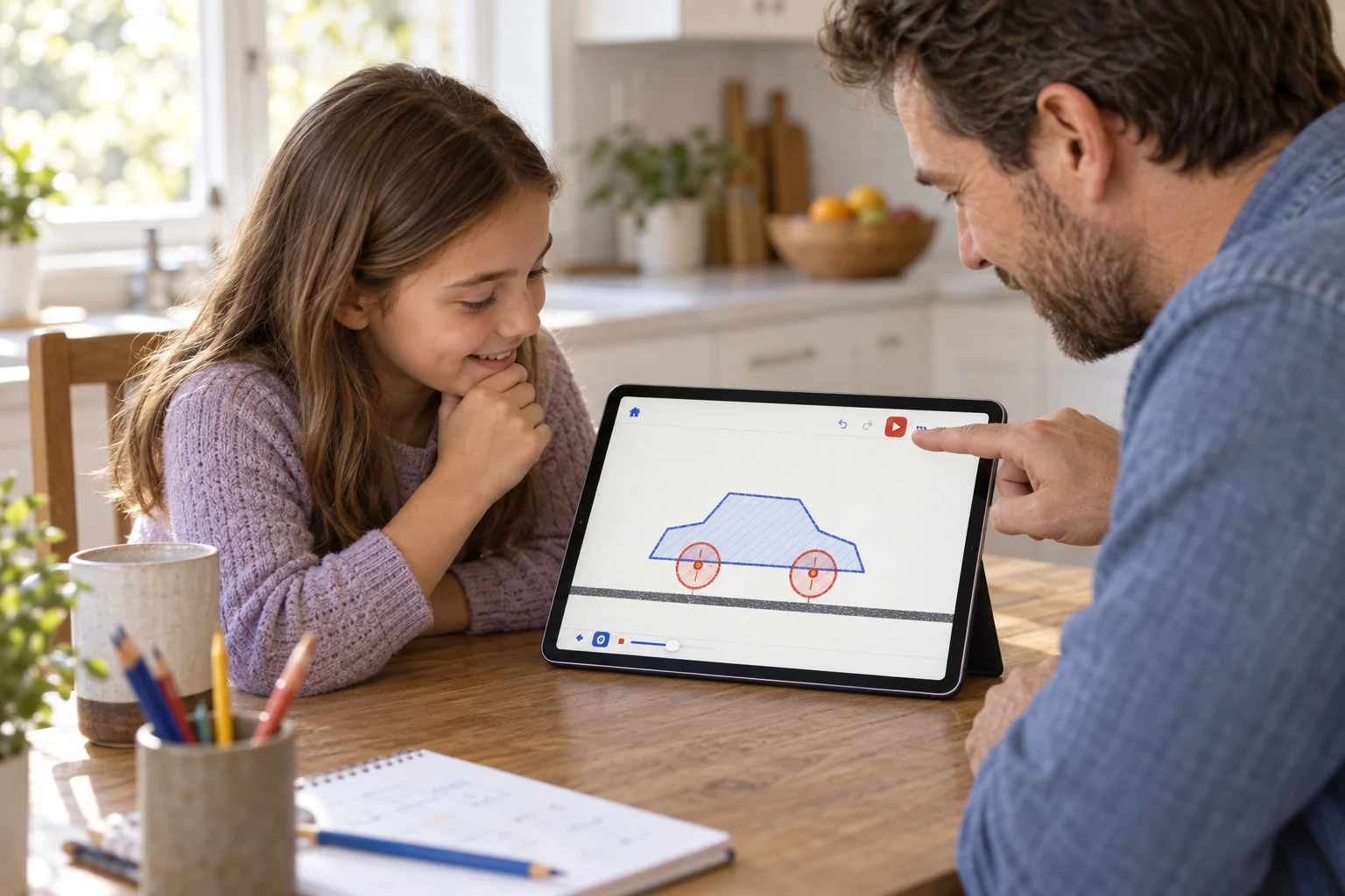 Lifestyle image of a father and daughter testing a blue car they made together in Drawn to Physics on an iPad
