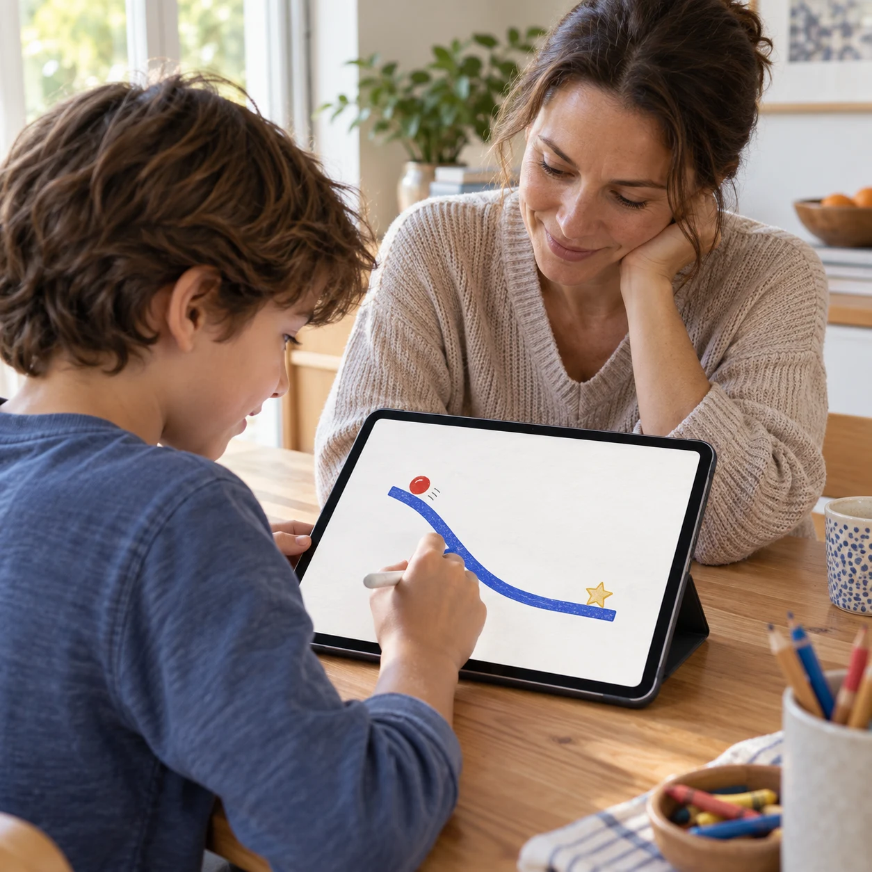 Lifestyle image of a child drawing a blue ramp on an iPad while a parent watches the red ball roll toward a yellow star